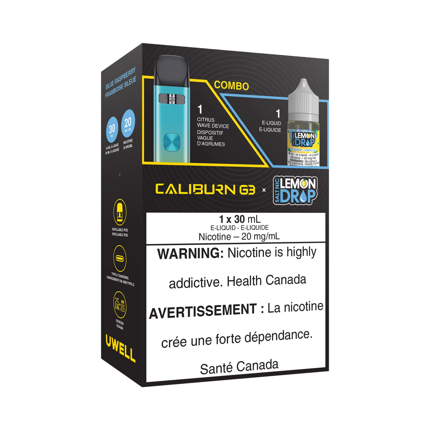 COMBO Caliburn G3 + Lemon Drop Salt Nic E-juice Blue Raspberry 30ml 20mg