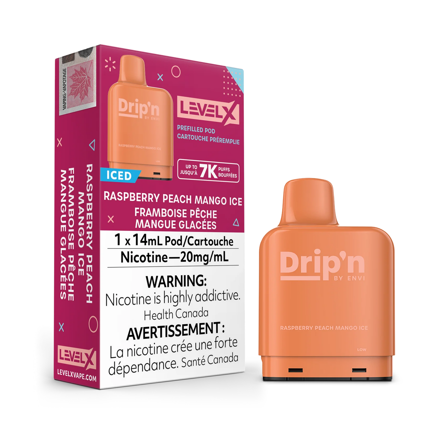 Level X Drip’n By Envi 7K Raspberry Peach Mango Ice 14mL 20mg
