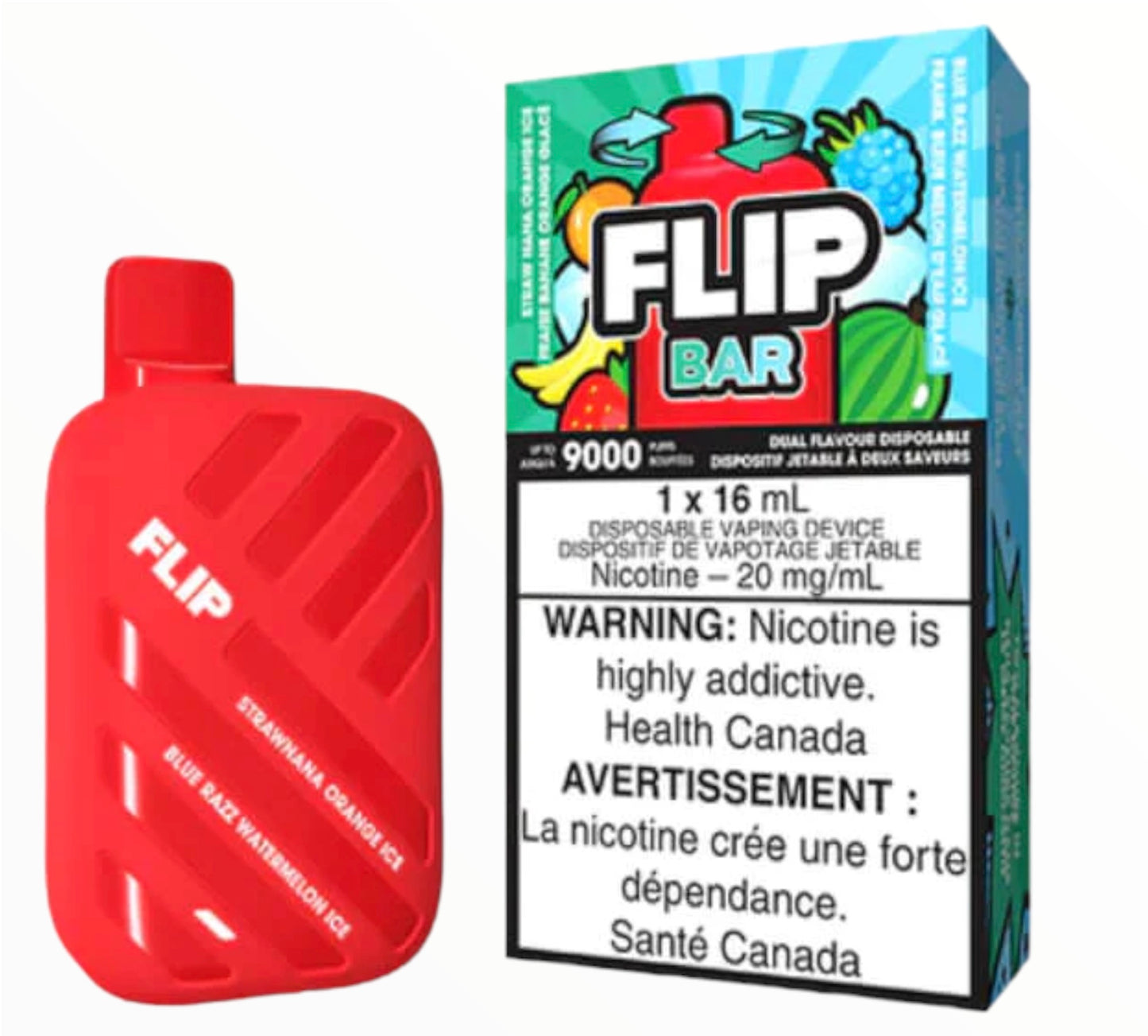 FLIPBAR 9K - Blue Razz Watermelon Ice & Strawnana Orange Ice - 16ml 20mg